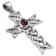 Garnet Cross Celtic Knot Silver Pendant